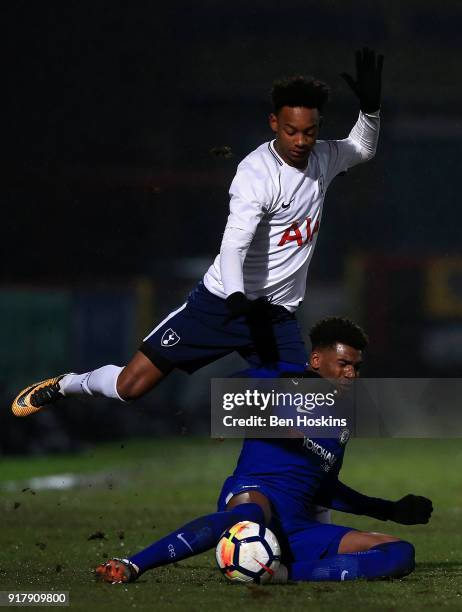 Neill Bennett of Tottenham is tackled by Dujon Sterling of Chelsea during the FA Youth Cup match between Tottenham Hotspur and Chelsea at The Lamex...