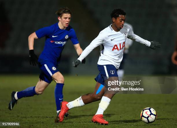 Tashan Oakley-Boothe of Tottenham holds off pressure from Conor Gallagher of Chelsea during the FA Youth Cup match between Tottenham Hotspur and...