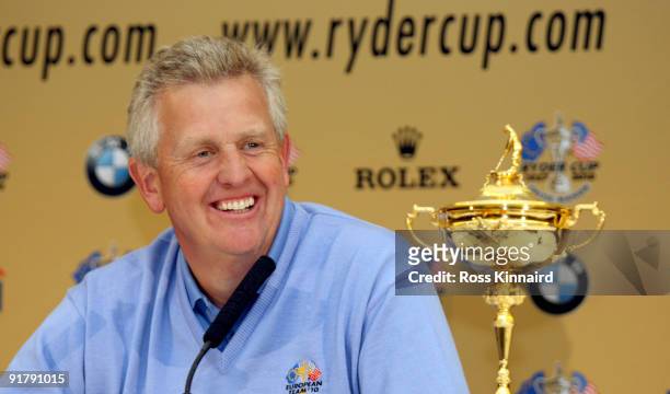 Colin Montgomerie, The European Ryder Cup captain smiles during the press conference after the 'Year to Go' exhibition match at Celtic Manor Resort...
