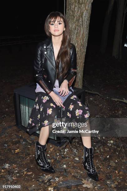 Recording Artist Selena Gomez attends the Coach 1941 front row during New York Fashion Week at Basketball City on February 13, 2018 in New York City.