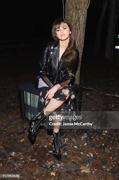 Recording Artist Selena Gomez attends the Coach 1941 front row during New York Fashion Week at Basketball City on February 13, 2018 in New York City.