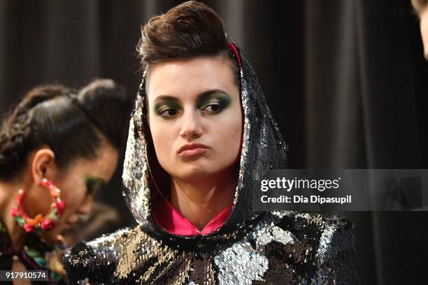 Models pose backstage for Naeem Khan during New York Fashion Week: The Shows at Gallery I at Spring Studios on February 13, 2018 in New York City.