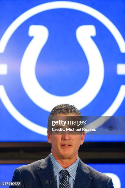 Head coach Frank Reich of the Indianapolis Colts addresses the media during his introductory press conference at Lucas Oil Stadium on February 13,...