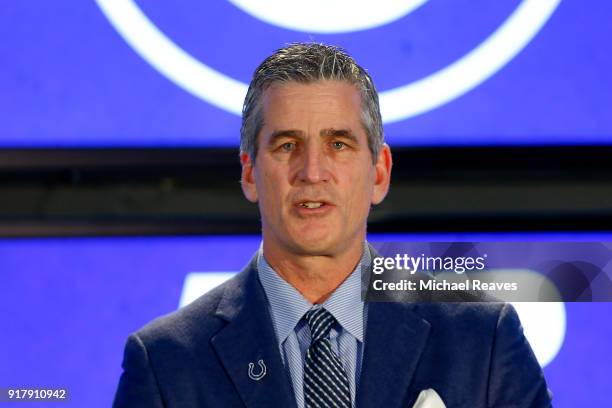 Head coach Frank Reich of the Indianapolis Colts addresses the media during his introductory press conference at Lucas Oil Stadium on February 13,...