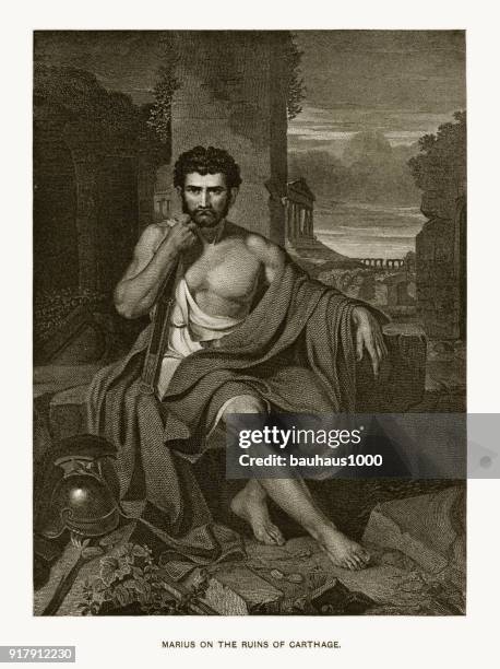 marius on the ruins of carthage engraving - caius marius stock illustrations