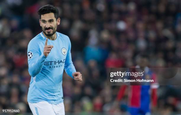 Ilkay Gundogan of Manchester City celebrates his team's fourth goal during the UEFA Champions League Round of 16 First Leg match between FC Basel and...