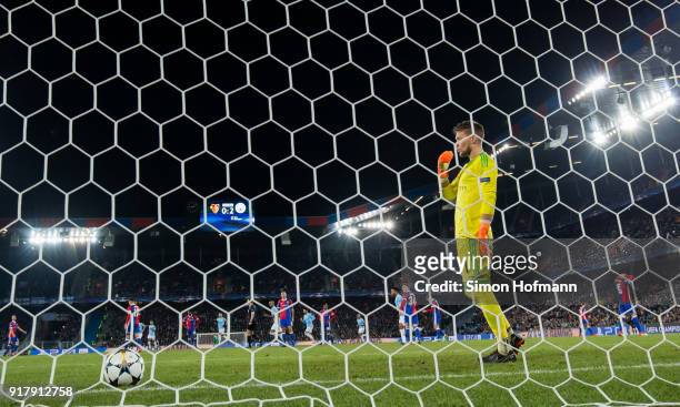 Tomas Vaclik of Basel reacts after Bernardo Silva of Manchester City scored his side's second goal during the UEFA Champions League Round of 16 First...