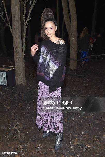 Actor Sasha Lane attends the Coach 1941 front row during New York Fashion Week at Basketball City on February 13, 2018 in New York City.