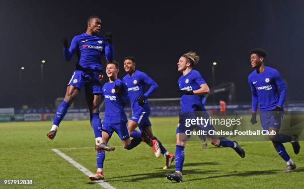 Marc Guehi of Chelsea celebrates Chelsea second goal during the FA youth cup match between Tottenham Hotspur and Chelsea at The Lamex Stadium on...