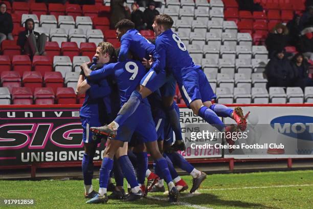 Marc Guehi of Chelsea celebrates Chelsea second goal during the FA youth cup match between Tottenham Hotspur and Chelsea at The Lamex Stadium on...