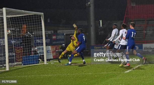 Jonathan de Brie of Tottenham can't stop the shot of Dujon Sterling of Chelsea during the FA youth cup match between Tottenham Hotspur and Chelsea at...