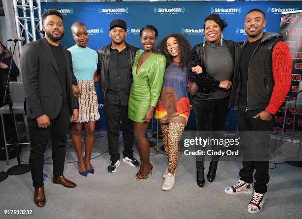 Director Ryan Coogler and actors Danai Gurira, Lupita Nyong'o and Michael B. Jordan take part in SiriusXM's Town Hall with the cast of Black Panther...