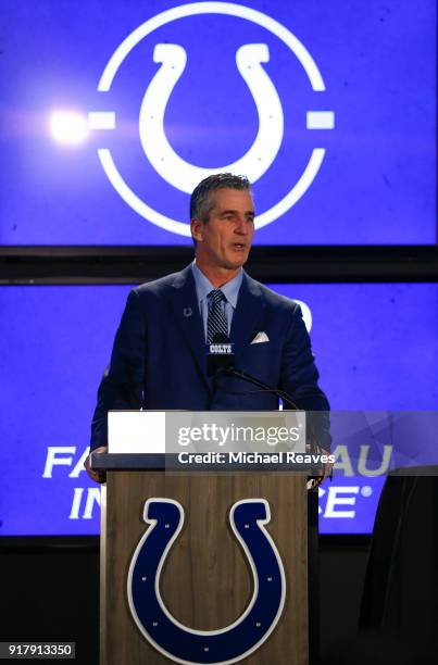 Head coach Frank Reich of the Indianapolis Colts addresses the media during his introductory press conference at Lucas Oil Stadium on February 13,...