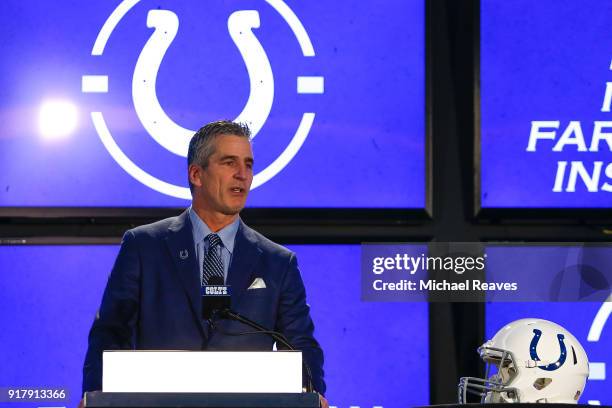 Head coach Frank Reich of the Indianapolis Colts addresses the media during his introductory press conference at Lucas Oil Stadium on February 13,...