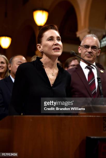 Producer Evelyn O'Neill speaks at the 7th Annual Made in Hollywood Honors Awards Ceremony at Los Angeles City Hall on February 13, 2018 in Los...