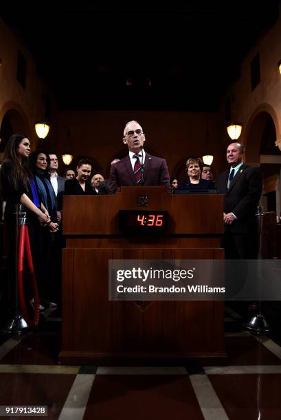 Councilmember Mitch O'Farrell speaks at the 7th Annual Made In Hollywood Honors Awards Ceremony at Los Angeles City Hall on February 13, 2018 in Los...