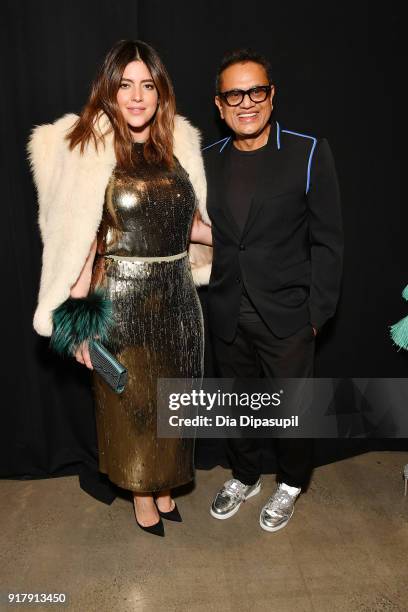 Model Denise Bidot and designer Naeem Khan pose backstage for Naeem Khan during New York Fashion Week: The Shows at Gallery I at Spring Studios on...