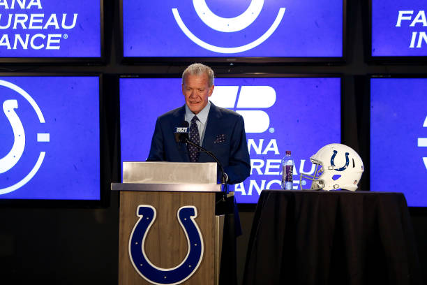 Owner Jim Irsay of the Indianapolis Colts introduces head coach Frank Reich to the media during a press conference at Lucas Oil Stadium on February...