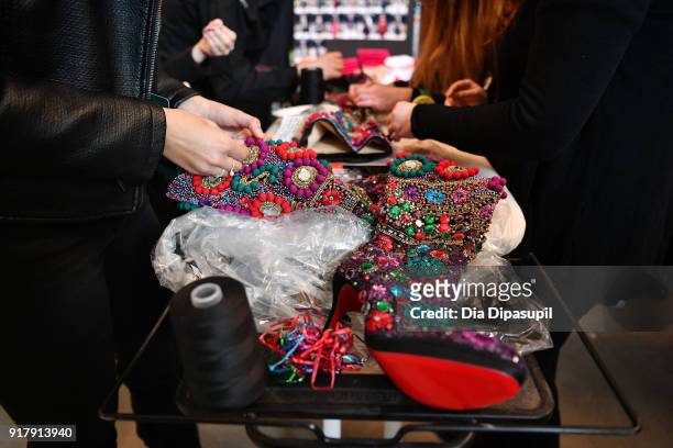 View of the shoe detail backstage for Naeem Khan during New York Fashion Week: The Shows at Gallery I at Spring Studios on February 13, 2018 in New...
