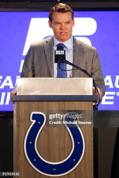 General manager Chris Ballard addresses the media during the press conference introducing head coach Frank Reich at Lucas Oil Stadium on February 13,...