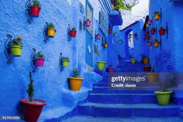 beautiful street of chefchaouene, town with white and blue colors in morocco. - chefchaouen medina stock pictures, royalty-free photos & images