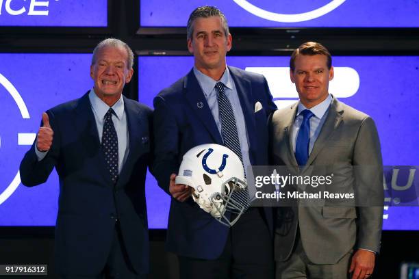 Owner Jim Irsay, head coach Frank Reich and general manager Chris Ballard of the Indianapolis Colts pose for a photo during the press conference...