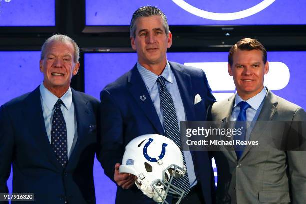 Owner Jim Irsay, head coach Frank Reich and general manager Chris Ballard of the Indianapolis Colts pose for a photo during the press conference...