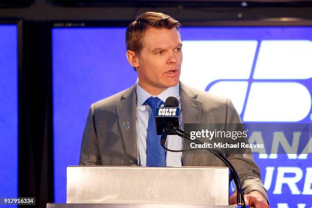 General manager Chris Ballard addresses the media during the press conference introducing head coach Frank Reich at Lucas Oil Stadium on February 13,...