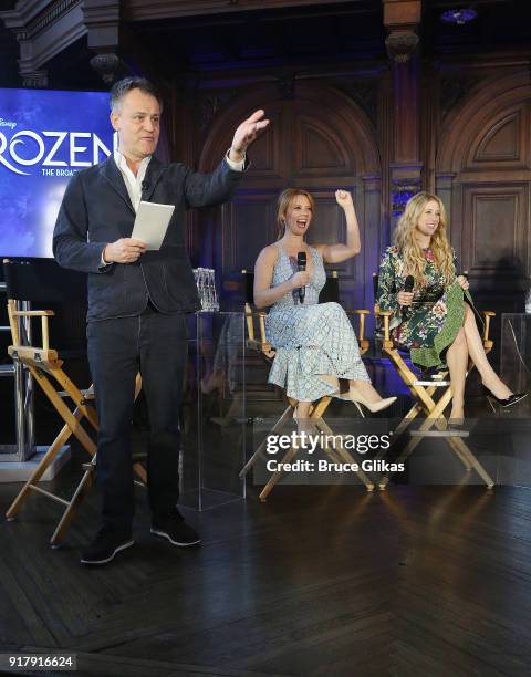 Director Michael Grandage and Patti Murin and Caissie Levy at Disney's "Frozen: The Broadway Musical" cast photo call & panel conversation at The...