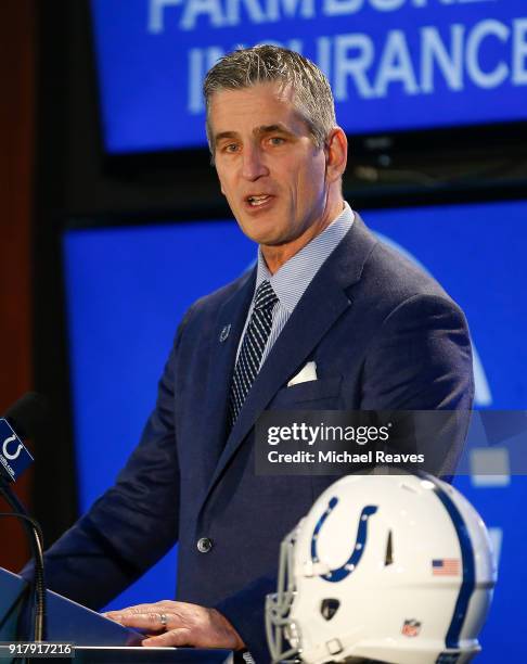 Head coach Frank Reich of the Indianapolis Colts addresses the media during his introductory press conference at Lucas Oil Stadium on February 13,...