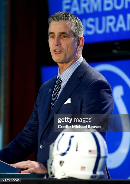 Head coach Frank Reich of the Indianapolis Colts addresses the media during his introductory press conference at Lucas Oil Stadium on February 13,...