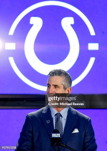Head coach Frank Reich of the Indianapolis Colts addresses the media during his introductory press conference at Lucas Oil Stadium on February 13,...