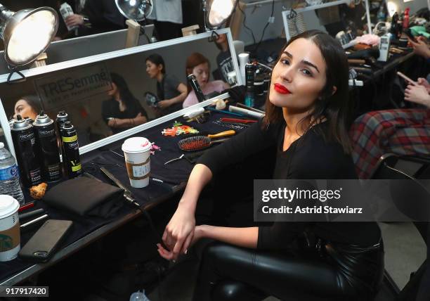 Actor Olivia Culpo poses backstage with TRESemme At Sally La Pointe NYFW AW18 on February 13, 2018 in New York City.