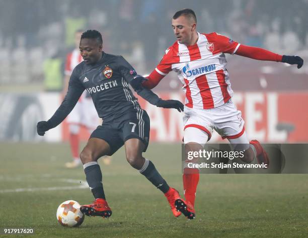 Ahmed Musa of CSKA Moscow in action against Nenad Krsticic of Crvena Zvezda during the UEFA Europa League Round of 32 match between Crvena Zvezda...