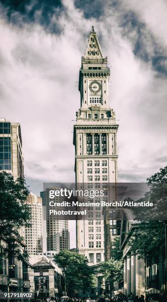 faneuil hall marketplace (also known as quincy market), the custom house tower on the background - boston massachusetts landmark stock pictures, royalty-free photos & images