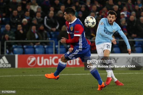 Bernardo Silva of Manchester City scores a goal to make it 0-2 during the UEFA Champions League Round of 16 First Leg match between FC Basel and...