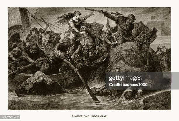 nordic raid under olaf tryggveson engraving - viking warrior stock illustrations
