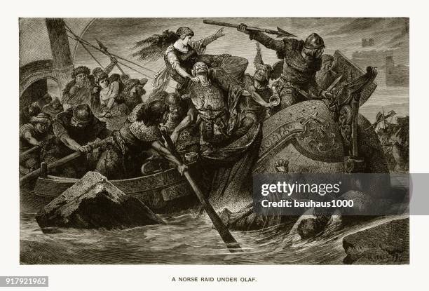 nordic raid under olaf tryggveson engraving - viking spear stock illustrations
