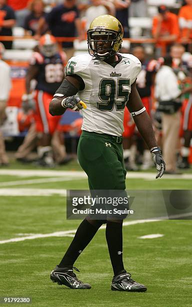 George Selvie of the South Florida Bulls looks towards the sideline during the game against the Syracuse Orange at the Carrier Dome on October 3,...