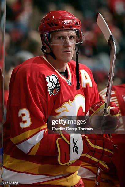 Dion Phaneuf of the Calgary Flames skates against the Vancouver Canucks on October 1, 2009 at Pengrowth Saddledome in Calgary, Alberta, Canada. The...