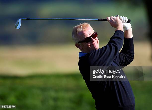 Personality Chris Evans in action during the 'Year to Go' exhibition match on the Twenty Ten Course at The Celtic Manor Resort on October 12, 2009 in...