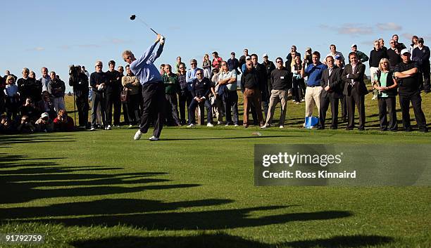 Colin Montgomerie the European Ryder Cup Captain in action during the 'Year to Go' exhibition match at Celtic Manor Resort on October 12, 2009 in...