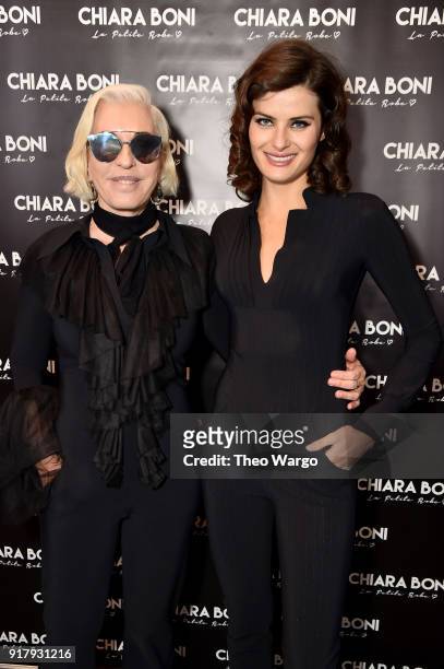 Fashion designer Chiara Boni and model Isabeli Fontana pose backstage for Chiara Boni La Petite Robe during New York Fashion Week: The Shows at...