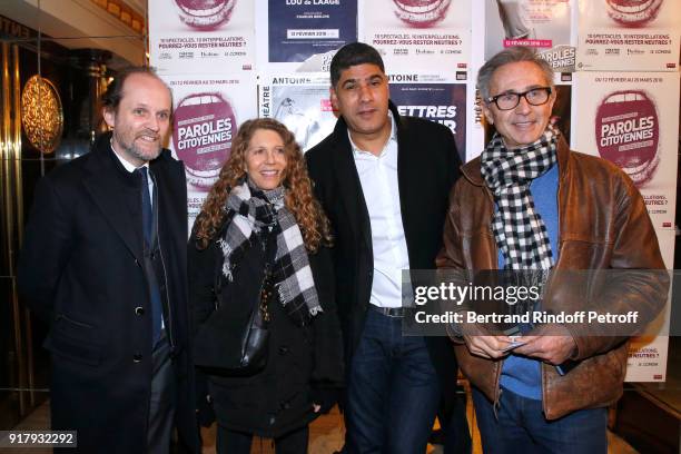 Co-director of the Theatre Jean-Marc Dumontet, Helene Lhermitte, Autor of the Piece, Rachid Benzine and Thierry Lhermitte attend the "Letters to Nour...