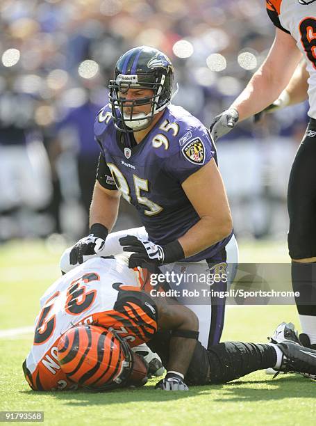 Jarret Johnson of the Baltimore Ravens defends against the Cincinnati Bengals at M&T Bank Stadium on October 11, 2009 in Baltimore, Maryland. The...