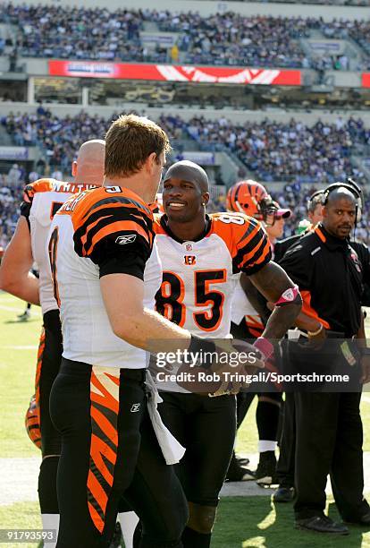 Carson Palmer and Chad Ochocinco of the Cincinnati Bengals look on from the bench against the Baltimore Ravens at M&T Bank Stadium on October 11,...