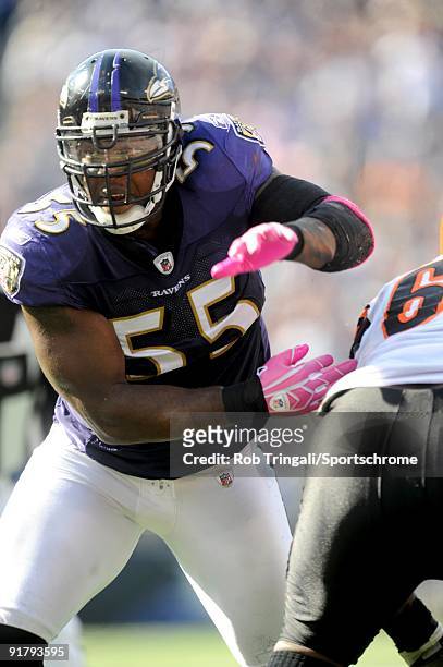 Terrell Suggs of the Baltimore Ravens defends against the Cincinnati Bengals at M&T Bank Stadium on October 11, 2009 in Baltimore, Maryland. The...