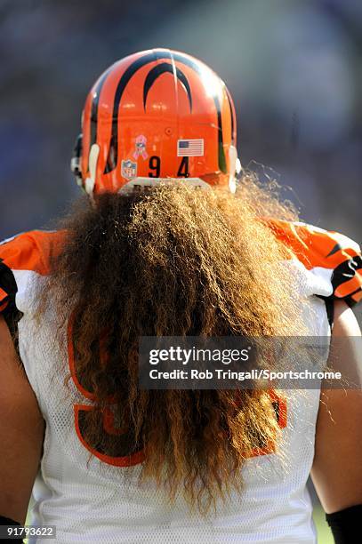 Domata Peko of the Cincinnati Bengals looks on against the Baltimore Ravens at M&T Bank Stadium on October 11, 2009 in Baltimore, Maryland. The...