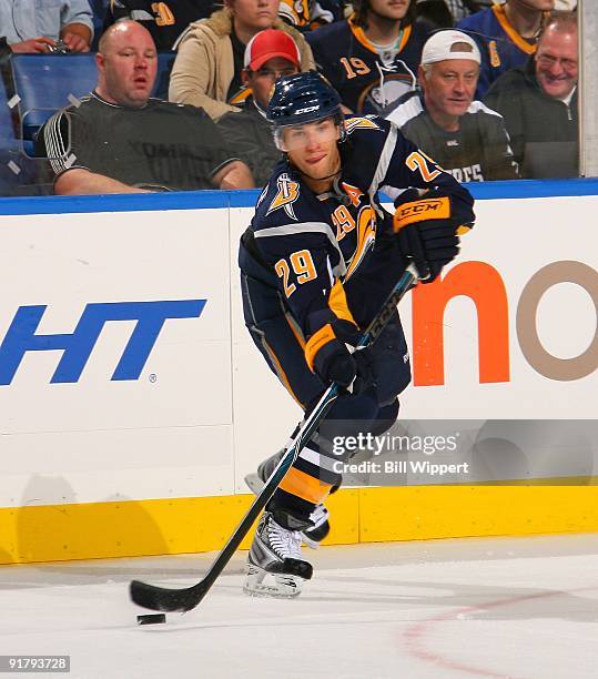 Jason Pominville of the Buffalo Sabres skates against the Phoenix Coyotes on October 8, 2009 at HSBC Arena in Buffalo, New York.