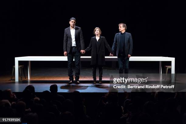 Autor of the Piece, Rachid Benzine, actors of the Piece; Lou de Laage and Charles Berling acknowledge the applause of the audience at the end of the...